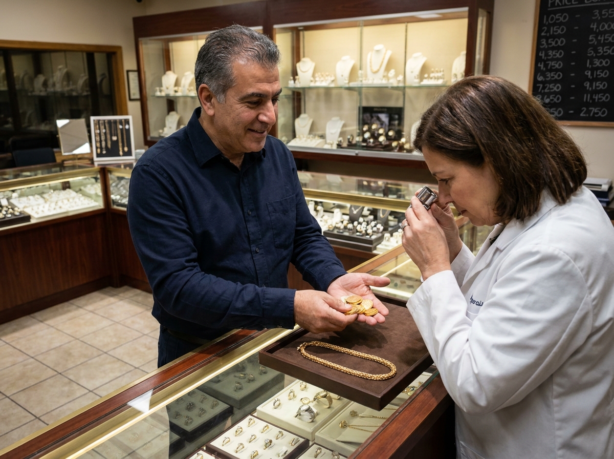 Homme vendant des pièces et bijoux en or à un expert dans une bijouterie professionnelle