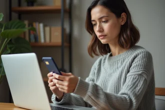 Femme vérifiant la sécurité d'un paiement en ligne avec sa carte bancaire et son smartphone sur un bureau en bois
