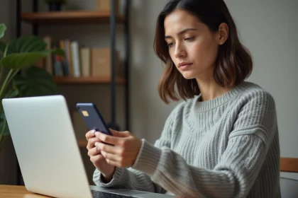 Femme vérifiant la sécurité d'un paiement en ligne avec sa carte bancaire et son smartphone sur un bureau en bois