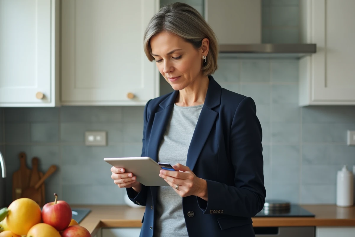 Femme vérifiant le solde Bimpli sur tablette dans sa cuisine avant de finaliser un achat sur Amazon