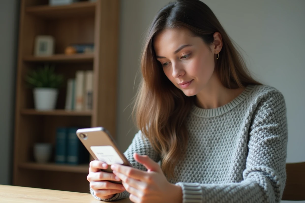 Femme vérifiant le solde de sa carte Bimpli sur smartphone avant un achat en ligne