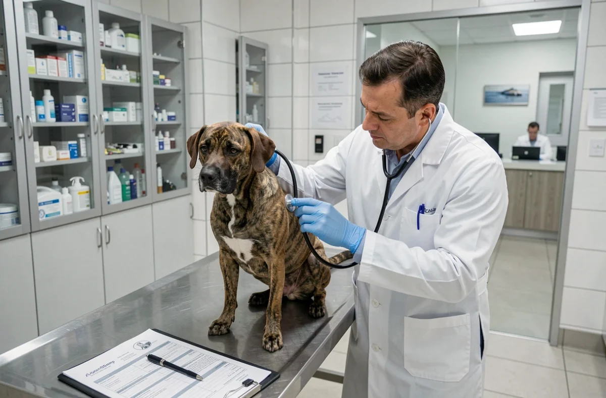 Vétérinaire examinant un chien adulte en clinique vétérinaire lors d'une consultation de santé