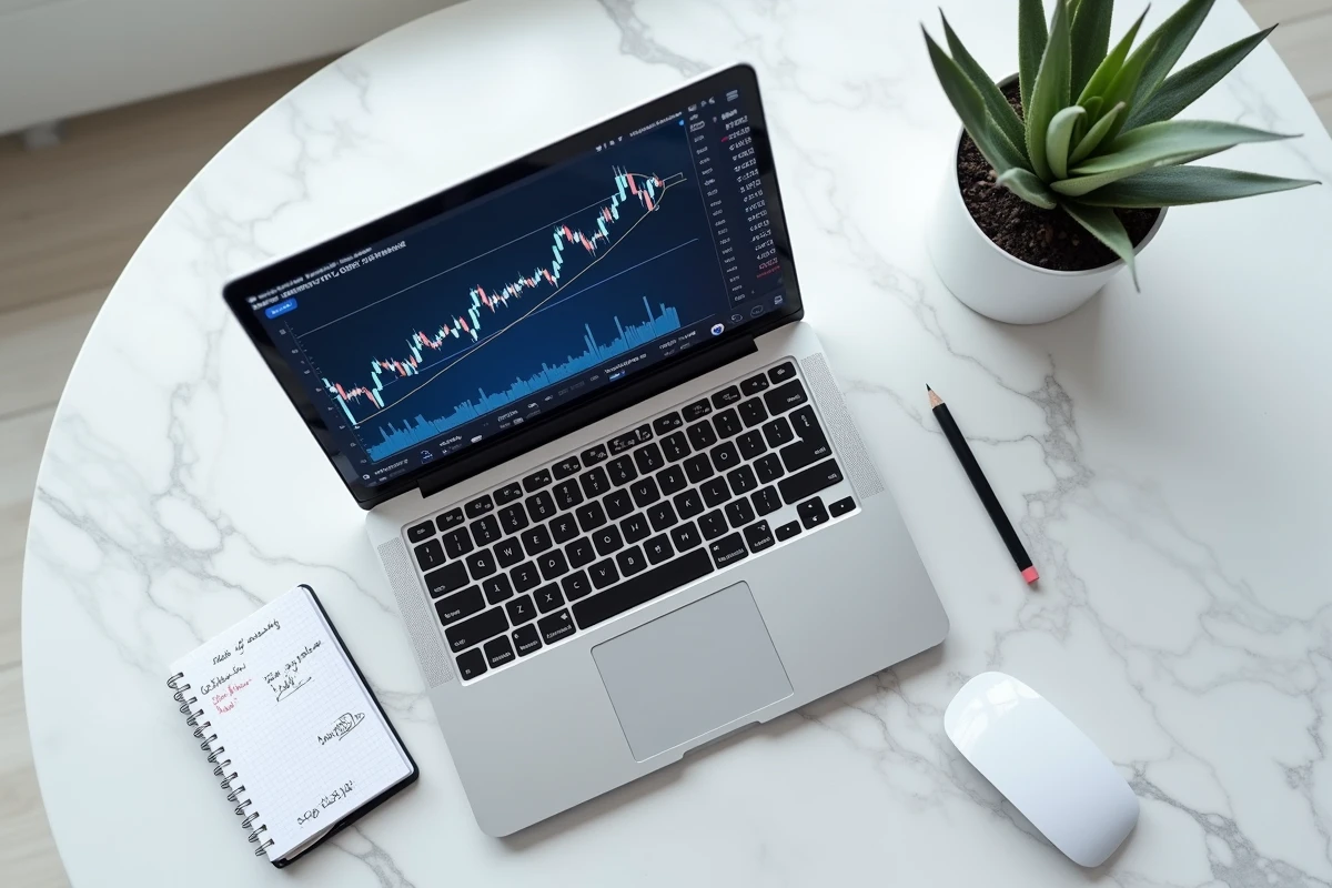 Vue aérienne d'un ordinateur portable affichant un pattern double bottom forex sur une plateforme de trading avec notes manuscrites
